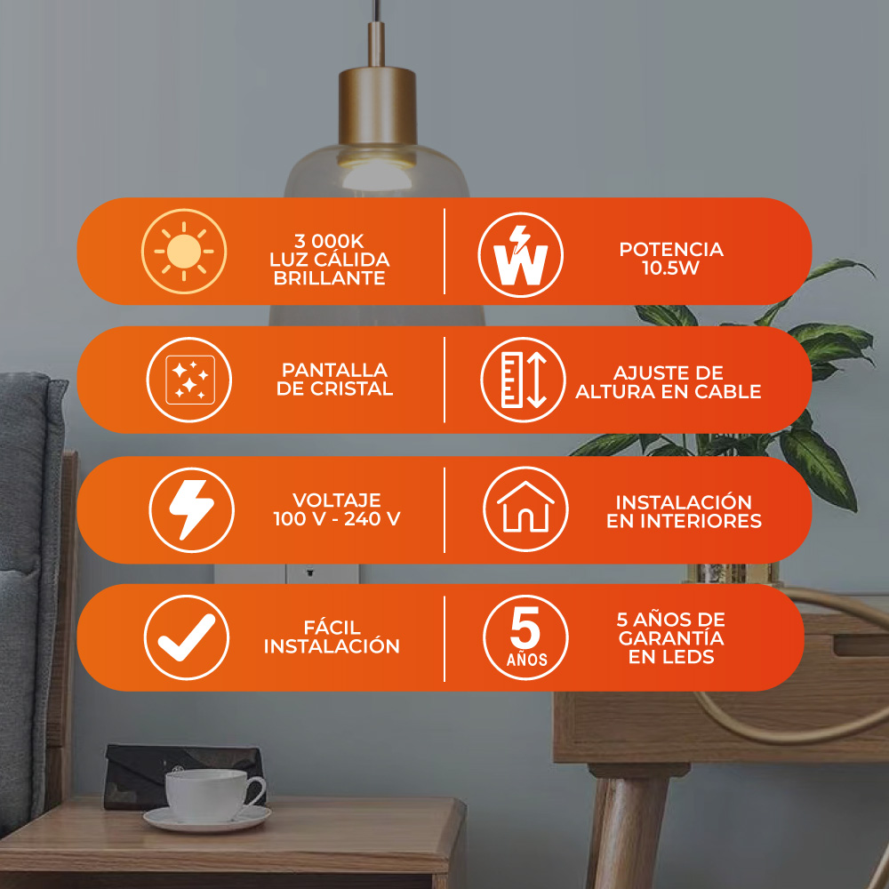 Lámpara de suspender BOSONA - 10.5W - Acabado cristal/canope dorado - Luz cálida 4 Lámpara de suspender BOSONA - 10.5W - Acabado cristal/canope dorado - Luz cálida - Imagen 4