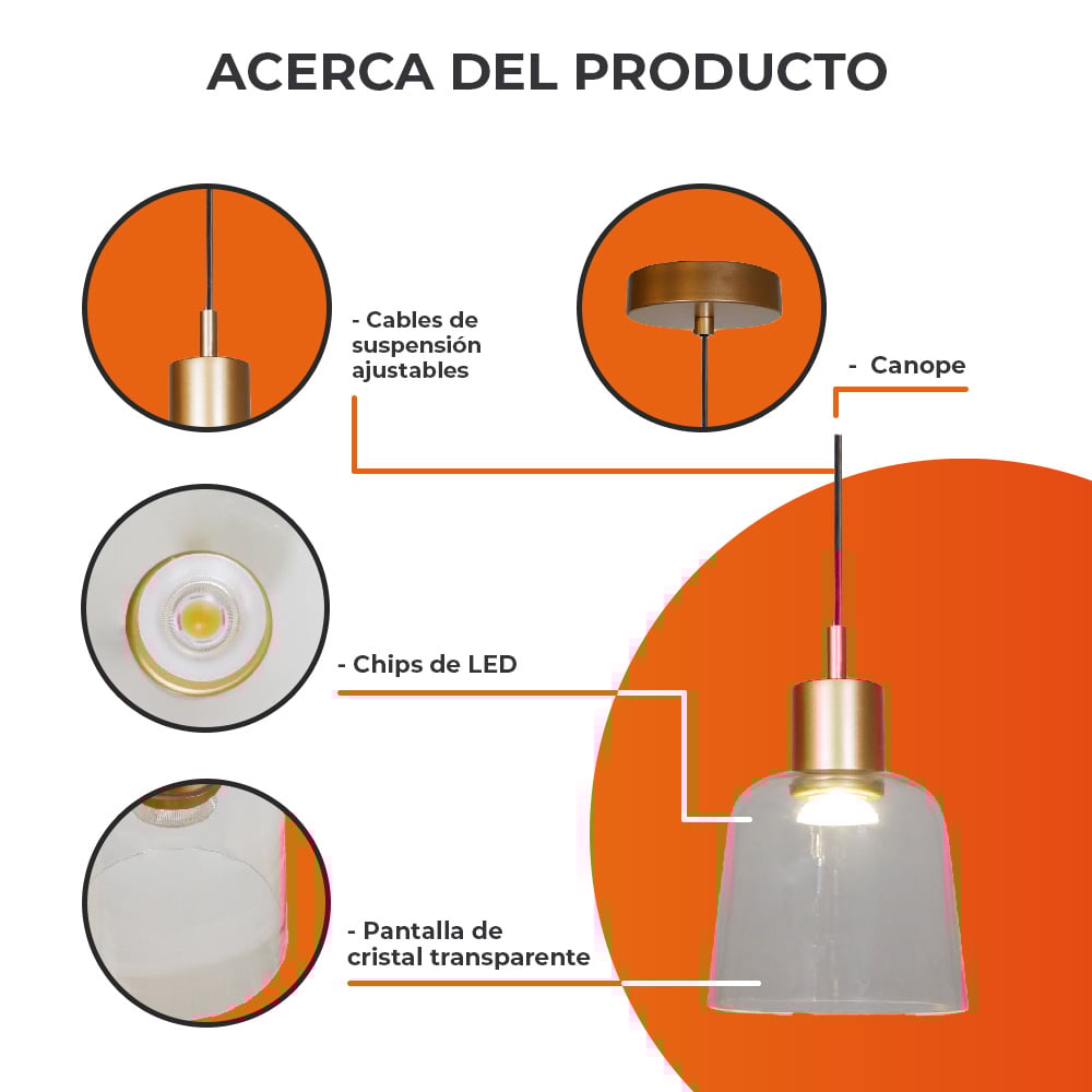 Lámpara de suspender BOSONA - 10.5W - Acabado cristal/canope dorado - Luz cálida 6 Lámpara de suspender BOSONA - 10.5W - Acabado cristal/canope dorado - Luz cálida - Imagen 6