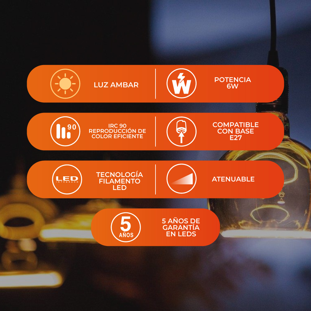 Bombilla LED Globo Filamento - 6W - luz ámbar 4 Bombilla LED Globo Filamento - 6W - luz ámbar - Imagen 4